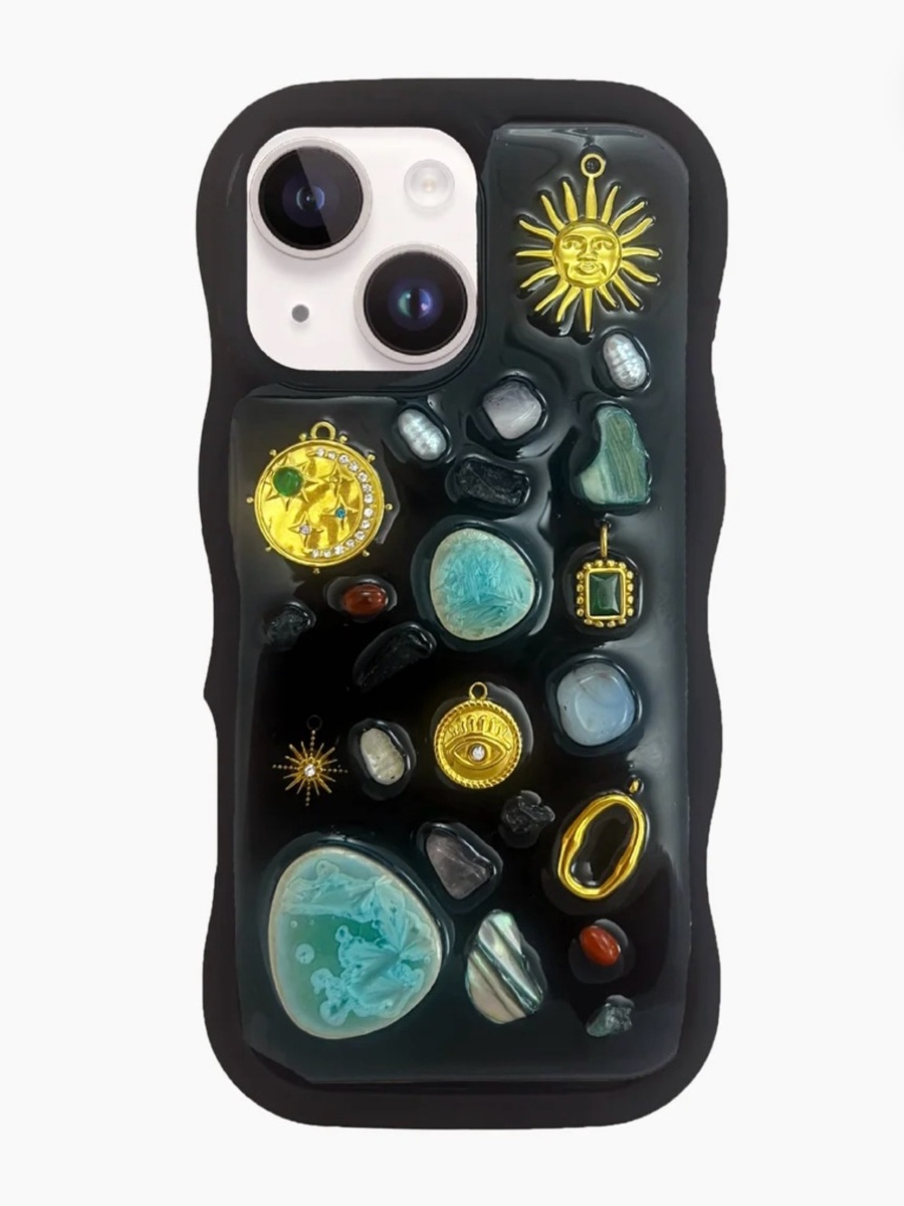 Black Phone Case with Turquoise Gemstones & Gold Sun Charms